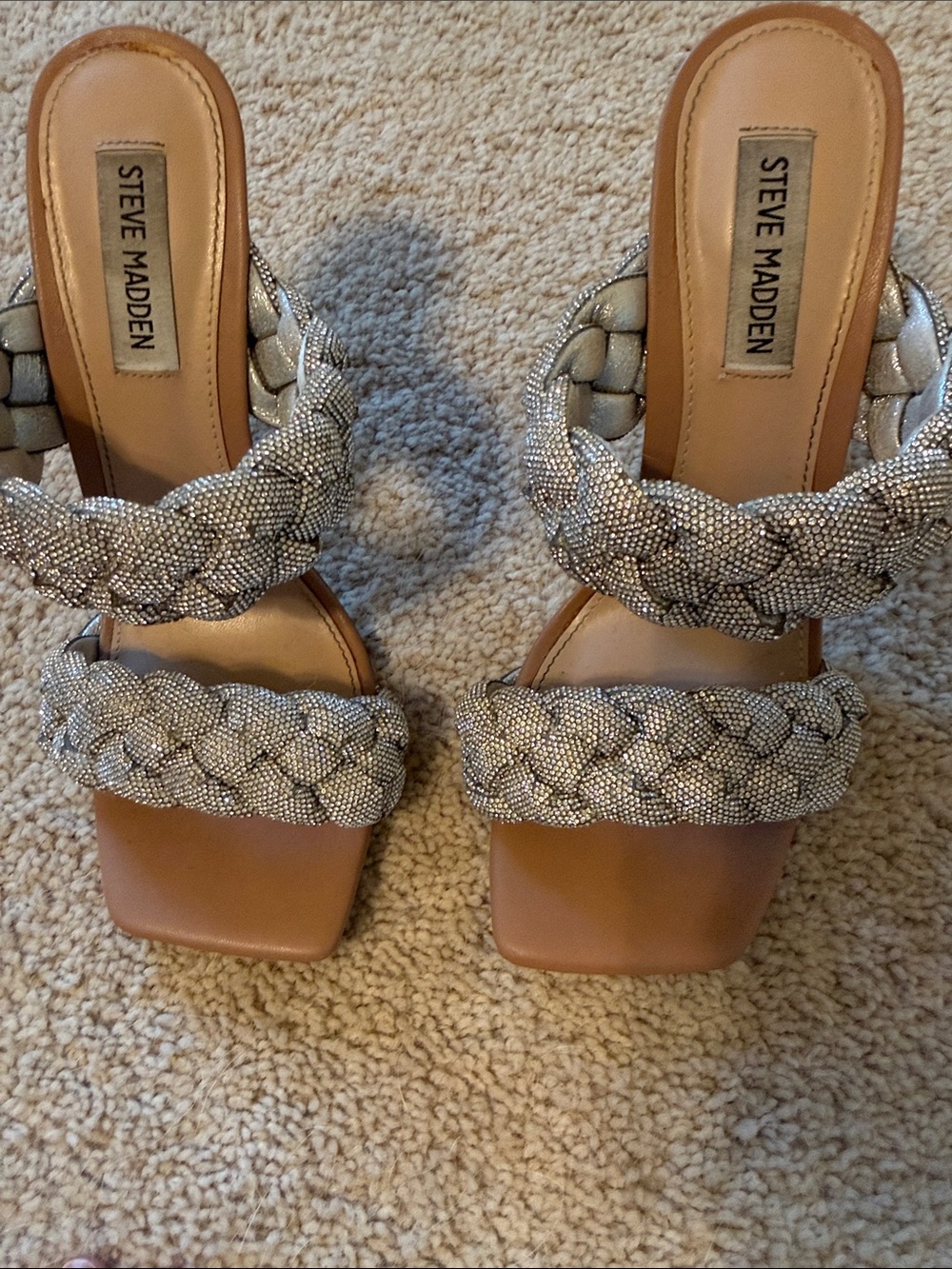 Steve Madden Crystal Braided Double-Strap High Heel Sandals - Silver/Tan - Picture 3 of 7